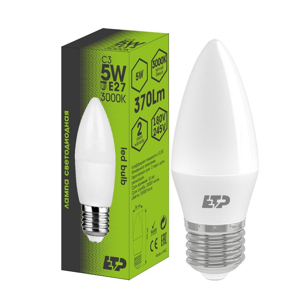 Лампа светодиодная C3 5W 3000К E27 ETP